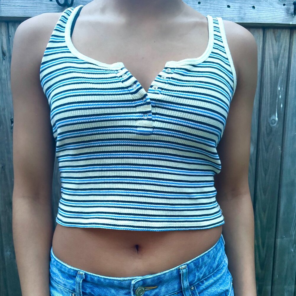 Forever 21 Blue and Yellow Striped Button Down Tank Top- Size S